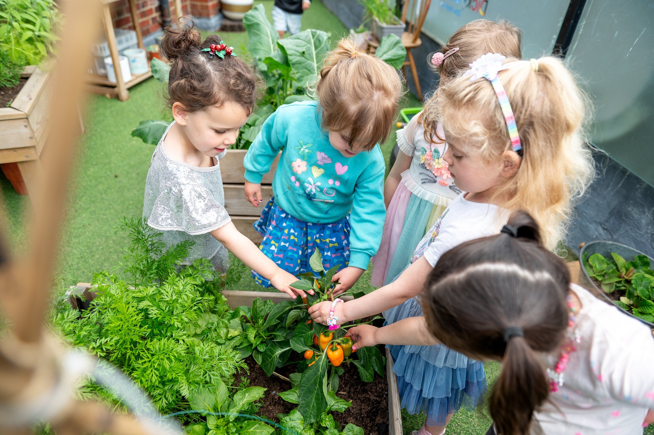 Five young children gather around a raised garden bed, picking colourful vegetables together in a bright, playful outdoor scene.