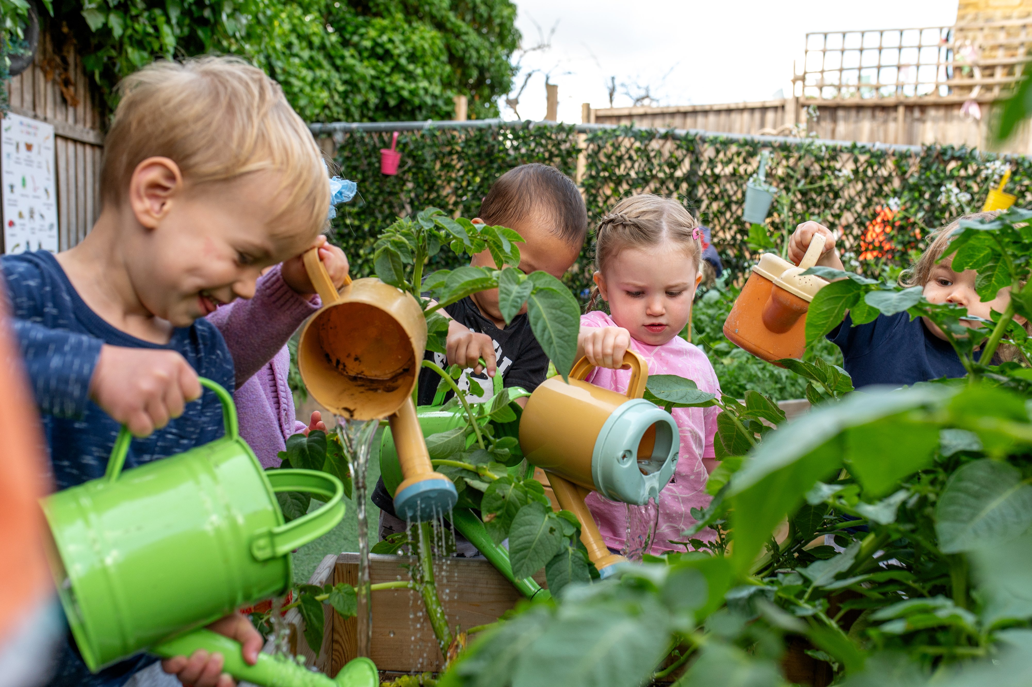 Children happily water plants with colourful cans in a lush garden, surrounded by greenery in a playful outdoor gardening scene.