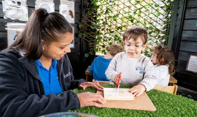 Key worker teaching child how to saw wood at Little Acorns Day Nursery Preschool Stoneygate