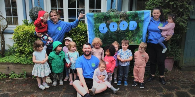 The nursery children and staff at the Wishing Tree Day Nursery & Preschool celebrating their ‘Good’ Ofsted result.