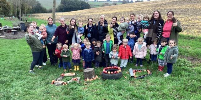 The staff and children at Child at Pippins Montessori Day Nursery and Forest School in Colchester celebrating achieving their Good Ofsted rating.
